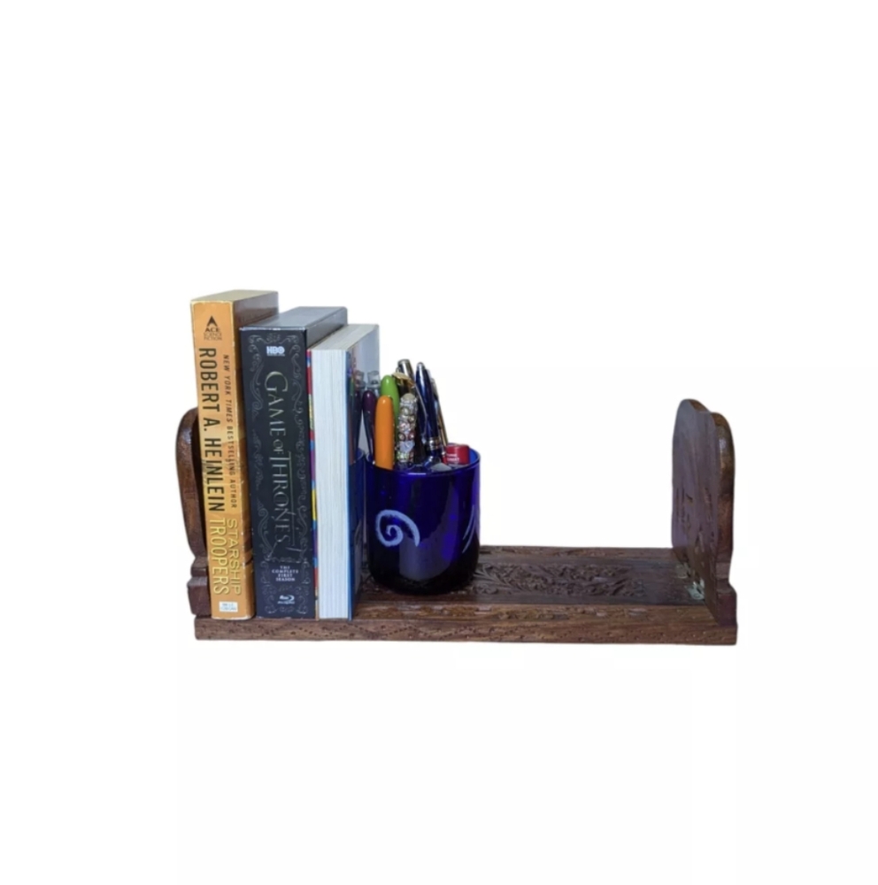 Vtg Ornate Handcarved Elephant Wood Slide Expandable Bookrack Ends Shelf India - Picture 5 of 16